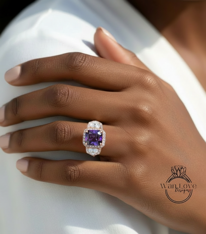 Cuscino allungato Art Déco Anello di fidanzamento con zaffiro blu Anello in oro rosa con tre pietre preziose Anello con mezzaluna e diamante Halo Anello di promessa anniversario