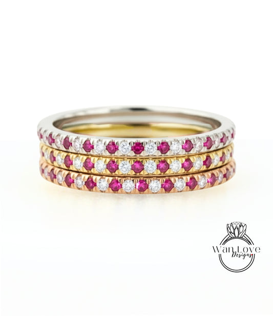 Ruby Diamond Moissanite White Sapphire Halfway Stackable Wedding Band Ring 1.85mm .22ct 14k 18k White Yellow Rose Gold Platinum Custom