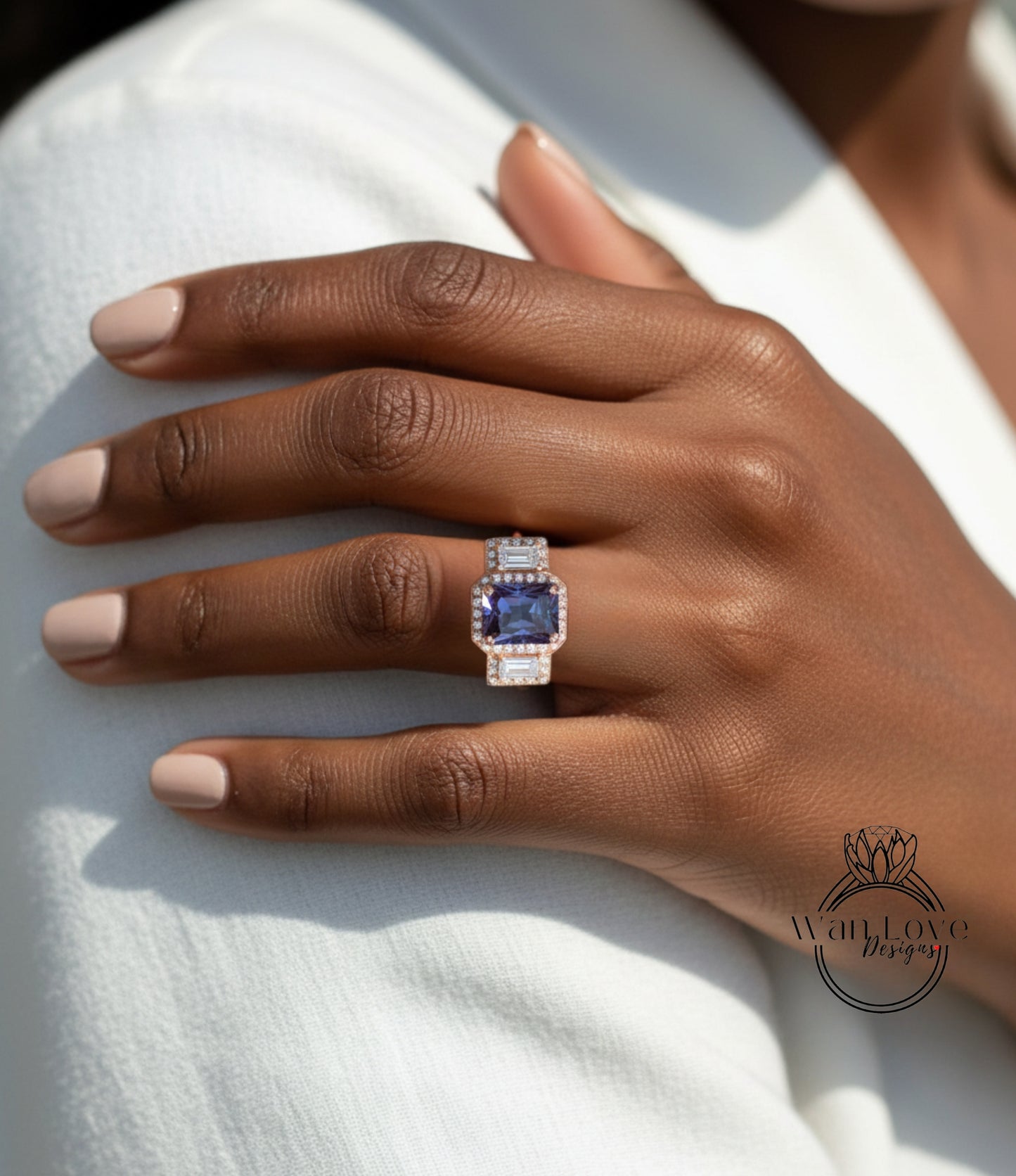 Alexandrite & Diamond Baguette Emerald cut 3 gemstone triple halo Engagement Ring, 14k 18k White Yellow Rose gold-Platinum-Custom-Bridal Wedding ring-Anniversary Gift