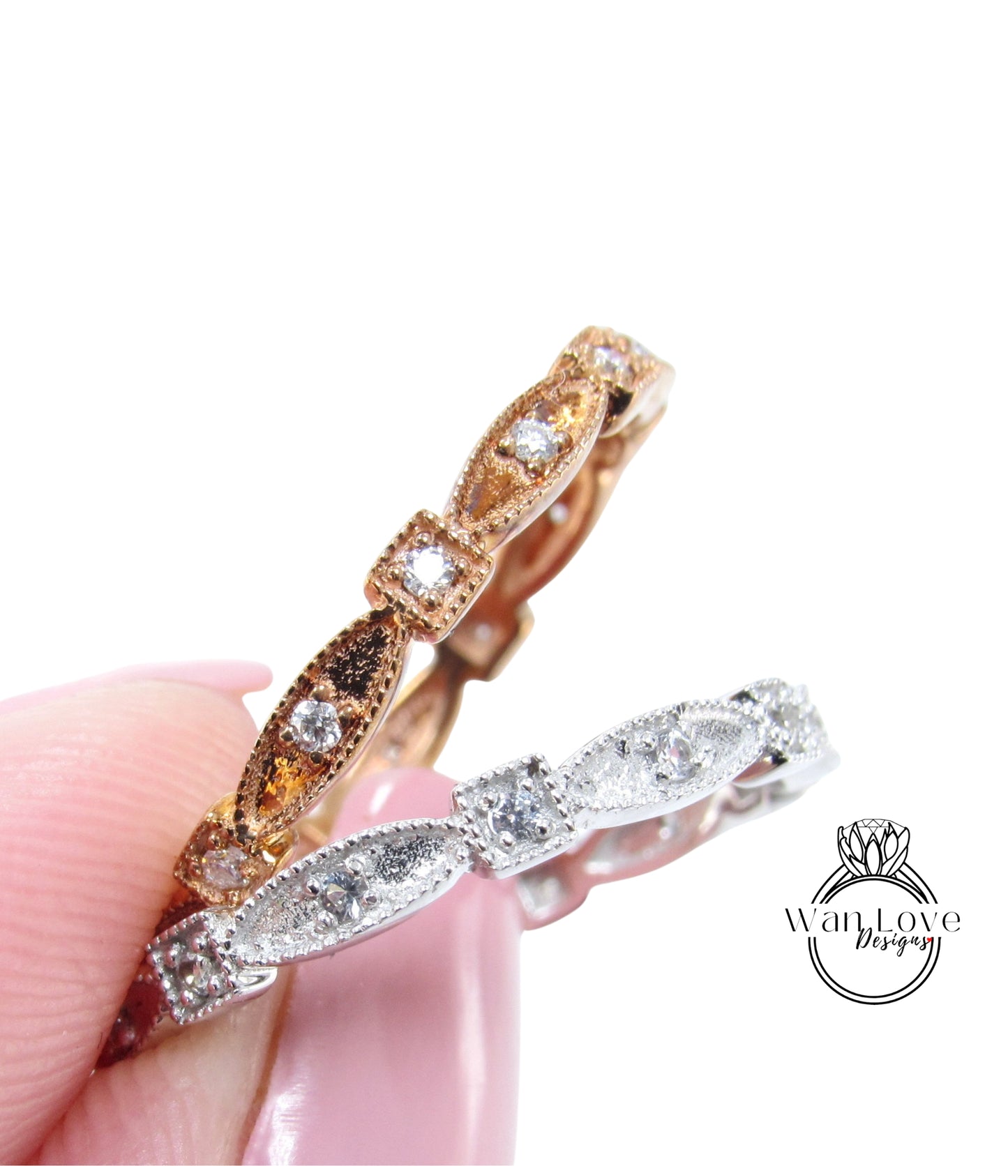 Ready to Ship White Sapphire Milgrain Wedding Band Art Deco Scalloped Square Full Eternity Stacking Engagement Ring Rose White Gold, Custom