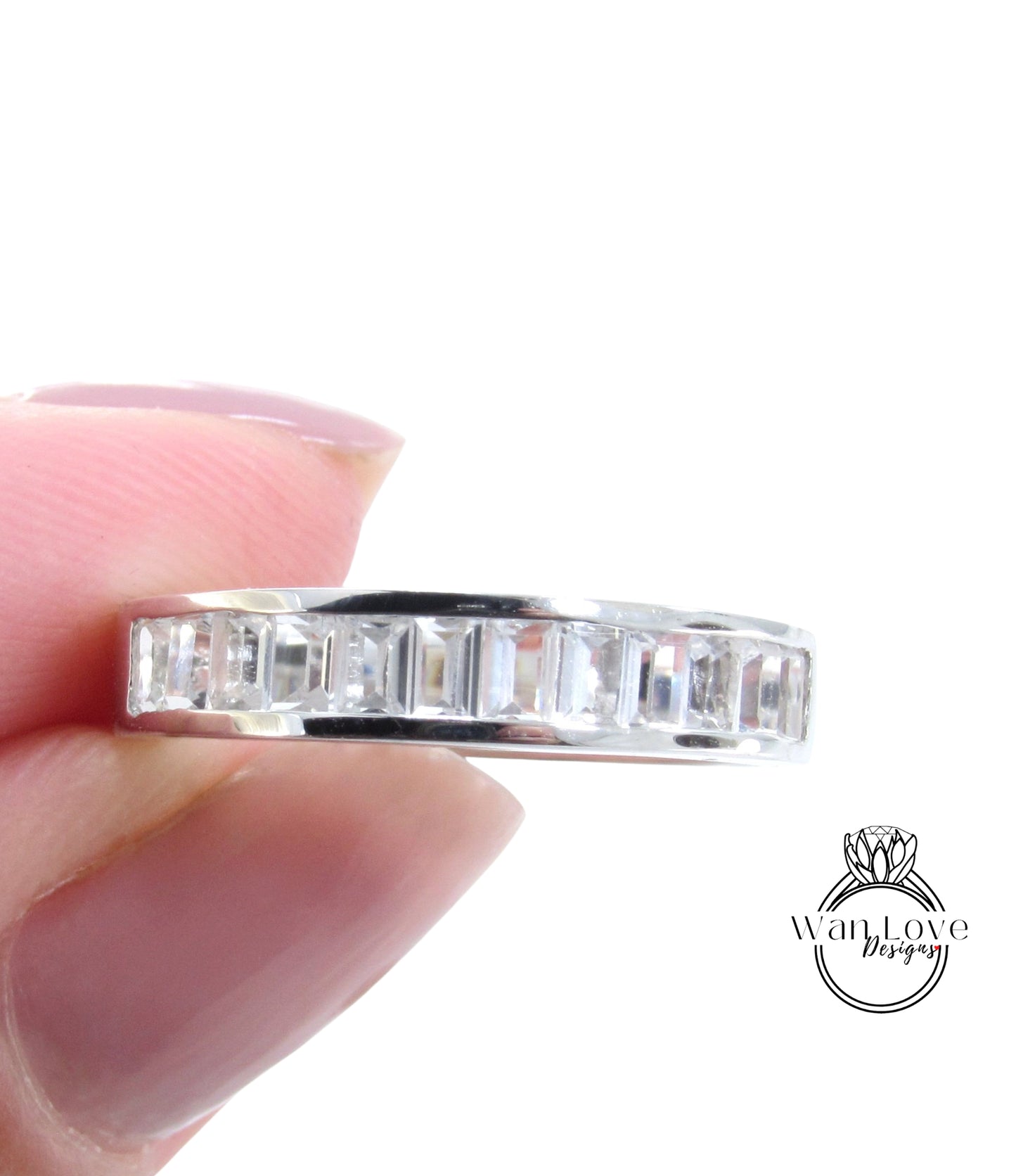 Set di canali Baguette con zaffiro bianco Fede nuziale Fede nuziale Fede nuziale personalizzata in oro bianco Anello di promessa Regalo di anniversario, Pronto per la spedizione