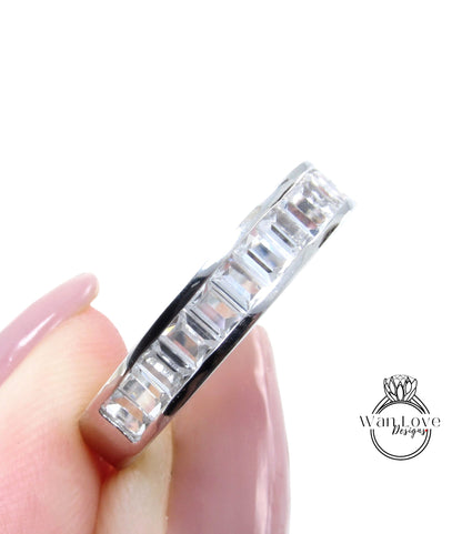 Set di canali Baguette con zaffiro bianco Fede nuziale Fede nuziale Fede nuziale personalizzata in oro bianco Anello di promessa Regalo di anniversario, Pronto per la spedizione