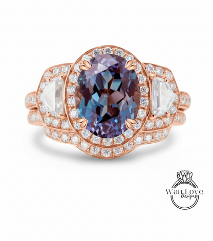 Set di anelli di fidanzamento vintage con alessandrite Anello in oro bianco con diamante unico, fede nuziale curva abbinata. Set da sposa antico Anello anniversario