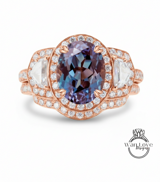 Set di anelli di fidanzamento vintage con alessandrite Anello in oro bianco con diamante unico, fede nuziale curva abbinata. Set da sposa antico Anello anniversario