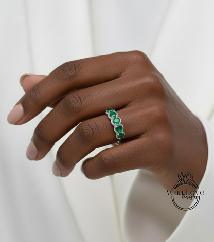 Emerald & Diamond Halo 5 gem stone Wedding Band 14k Rose Gold ring Moissanite Lab Diamond 5 gemstone Birthstone Bridal Wedding Ring Anniversary gift
