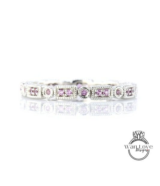 Zaffiro rosa Milgrain filigrana stile Art Déco Full Eternity Stack Wedding Band-anello di fidanzamento-anniversario-argento rodio-pronto per la spedizione