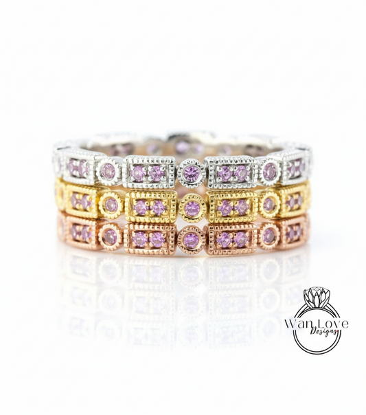 14K Solid White Gold Rings / Pink Sapphire Wedding Band/ Anniversary Ring/ Art Deco Ring/ Matching Ring/ Promise ring/ Gold Birthstone Ring