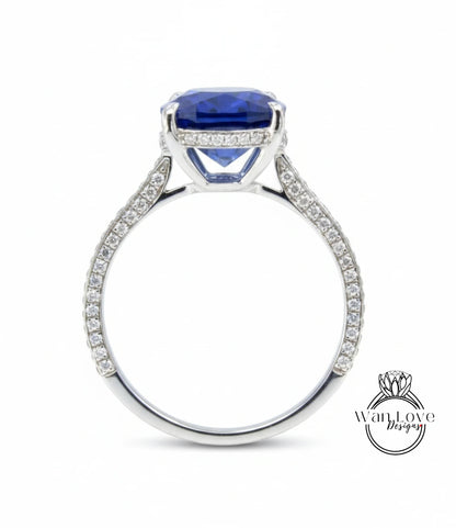 Anello di fidanzamento stile celebrità con diamante zaffiro blu da 9 ct Anello con alone laterale ovale Anello da sposa in oro 14k quasi eternità Promessa Anniversario