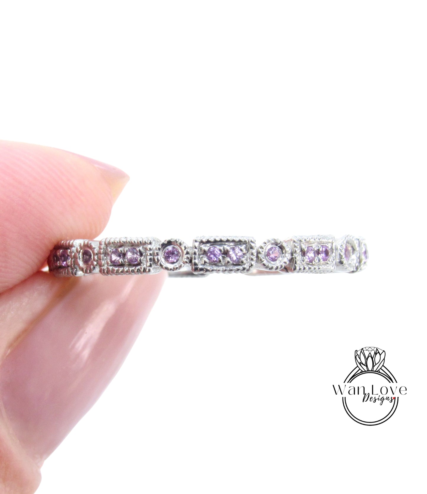 Pink Sapphire Milgrain Filigree Art Deco style Full Eternity Stack Wedding Band-Engagement Ring-Anniversary-Silver Rhodium-Ready to ship