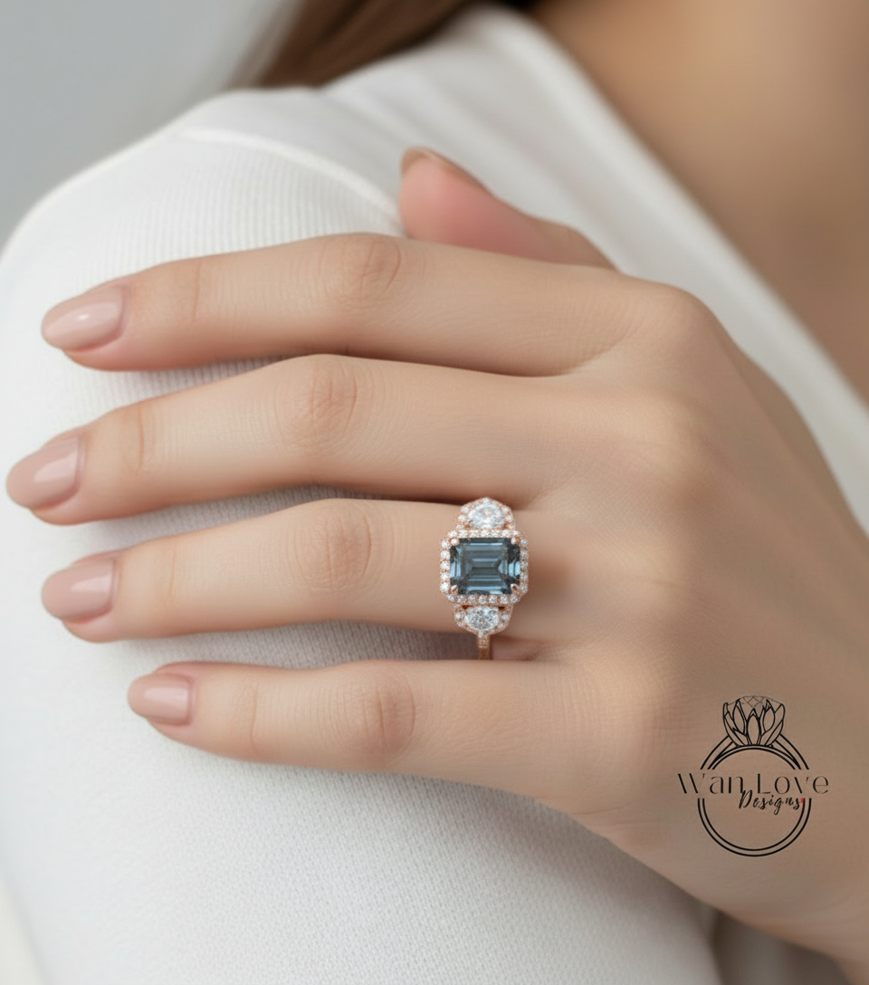 Cuscino allungato Art Déco Anello di fidanzamento Moissanite Anello in oro rosa con tre pietre preziose Anello a mezza luna con diamante Halo Anello di promessa anniversario