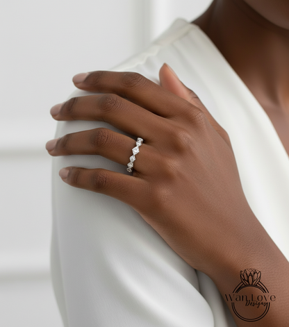 Fede nuziale con diamanti Anello Moissanite Milgrain geometrico 3/4 quasi eternità, 14k 18k bianco giallo oro rosa-platino-anniversario personalizzato