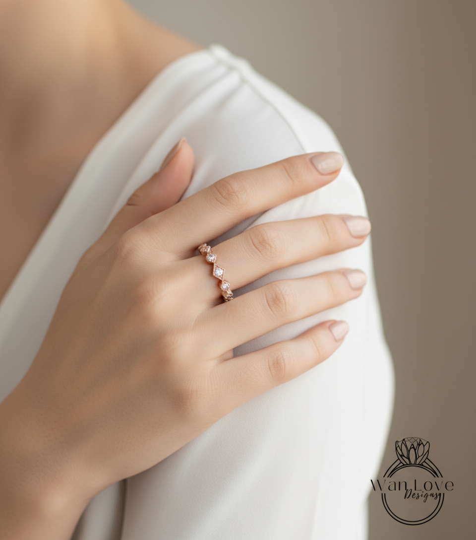 Fede nuziale con diamanti Anello Moissanite Milgrain geometrico 3/4 quasi eternità, 14k 18k bianco giallo oro rosa-platino-anniversario personalizzato