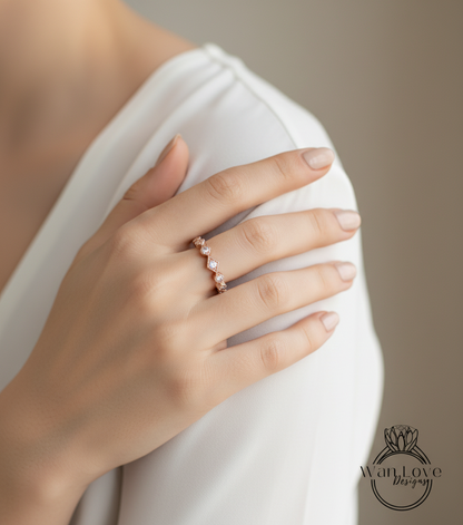 Fede nuziale con diamanti Anello Moissanite Milgrain geometrico 3/4 quasi eternità, 14k 18k bianco giallo oro rosa-platino-anniversario personalizzato