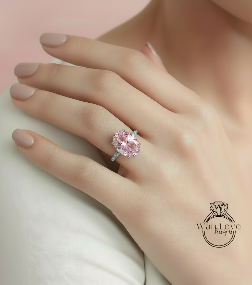 Anello di fidanzamento con zaffiro rosa chiaro e diamanti, ovale, celebrità, personalizzato, matrimonio, regalo di anniversario, impegno, proposta