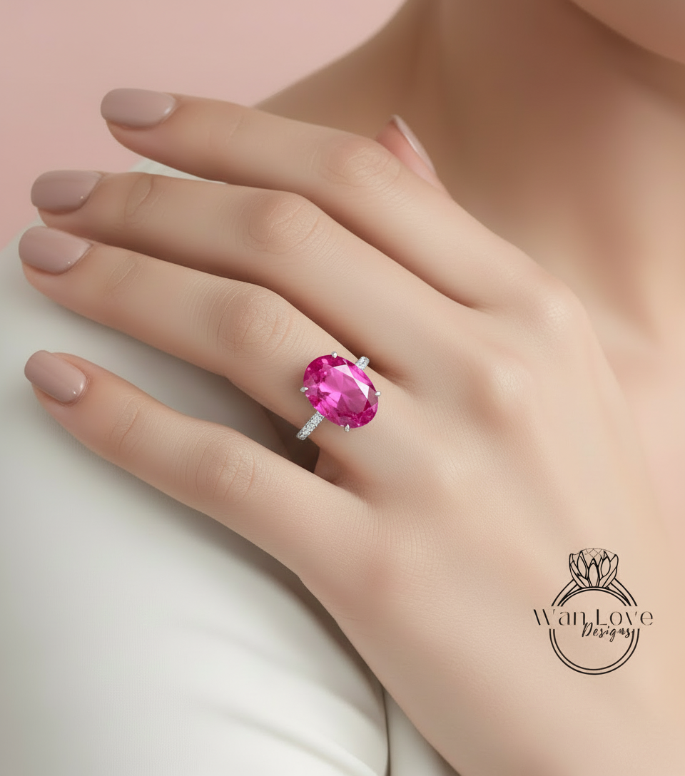 Pink Sapphire & Diamond Engagement Ring Side Halo 3/4 Almost eternity Oval, 9ct, 15x10mm, Custom,14k 18k White Yellow Rose Gold-Platinum