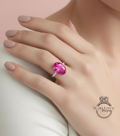 Pink Sapphire & Diamond Engagement Ring Side Halo 3/4 Almost eternity Oval, 9ct, 15x10mm, Custom,14k 18k White Yellow Rose Gold-Platinum