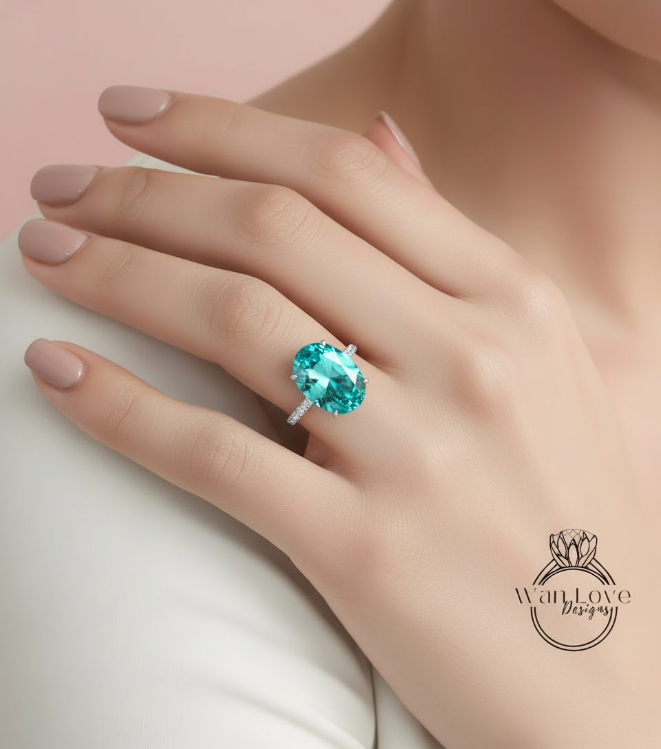 Teal Blue Green Moissanite & Diamond Oval side halo 3 sided Almost eternity shank band Engagement Ring 14k/18k Rose White Gold, Celebrity Elongated Oval Bridal wedding Ring, Anniversary Gift