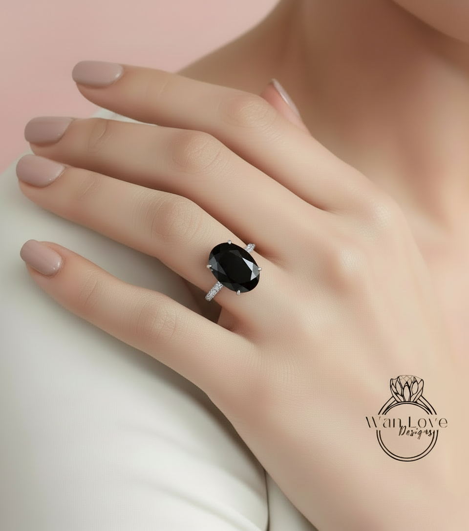 Black Spinel & Diamond Oval side halo 3 sided Almost eternity shank band Engagement Ring 14k/18k Rose White Gold, Celebrity Elongated Oval Bridal wedding Ring, Anniversary Gift