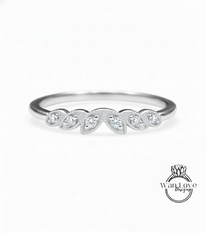 Vintage Design Matching Rings/ Diamond Stack Rings/ 18K 6 Leaves Wedding Rings/ Dainty leaf Bridal Rings/ Handmade Jewelry/ Stackable Ring