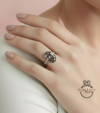 Anello di fidanzamento ovale stile celebrità personalizzato con diamanti sale e pepe Fascia di diamanti a 3 lati in oro rosa Anello unico per l'anniversario nuziale in oro massiccio