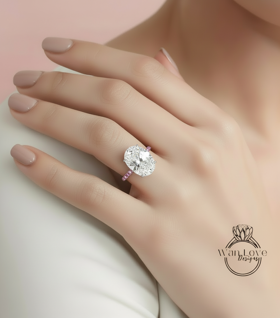 White & Pink Sapphire Engagement Ring-Oval-9ct-15x10mm-925 Silver Rhodium-Wedding-Aniversary Gift-Celebrity style-Ready to Ship