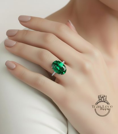 Anello di fidanzamento ovale con smeraldo Anello stile celebrità Anello con diamanti vintage Lato nascosto Halo Anello nuziale Art Deco Anniversario Regalo per lei