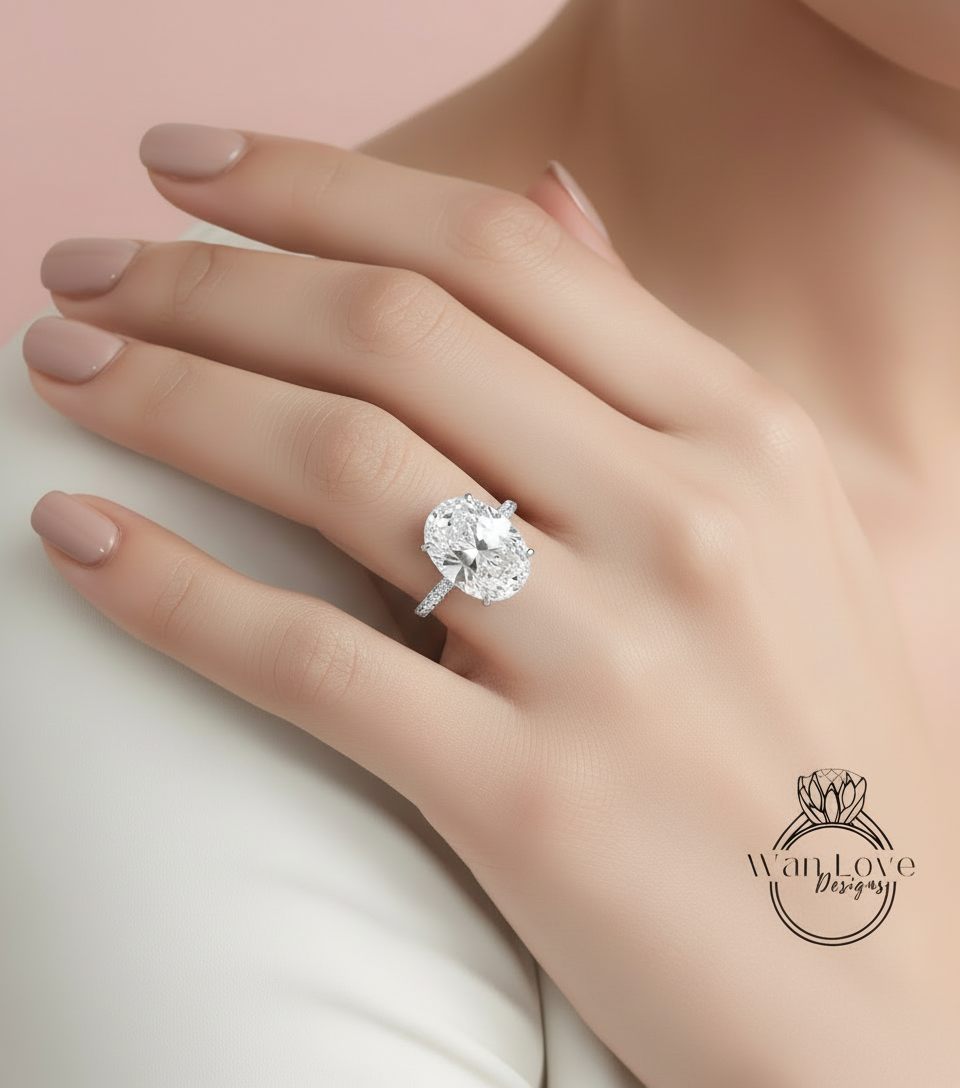 Diamond Oval side halo 3 sided Almost eternity shank band Engagement Ring 14k/18k Rose White Gold, Celebrity Elongated Oval Bridal wedding Ring, Anniversary Gift