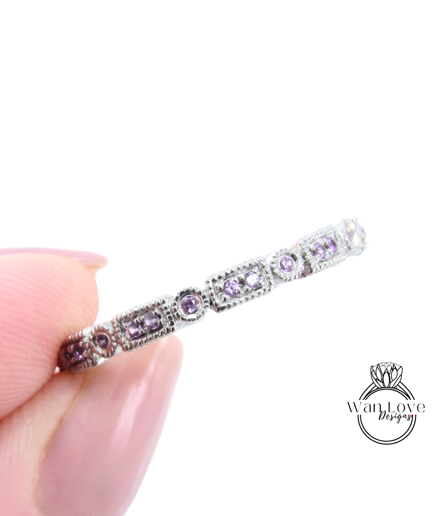 Pink Sapphire Milgrain Filigree Art Deco style Full Eternity Stack Wedding Band-Engagement Ring-Anniversary-Silver Rhodium-Ready to ship