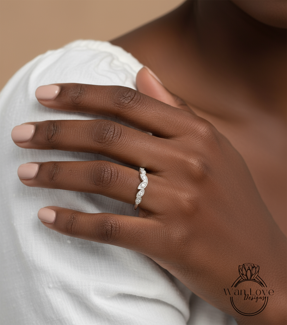 Vintage Design Matching Rings/ Diamond Stack Rings/ 18K 6 Leaves Wedding Rings/ Dainty leaf Bridal Rings/ Handmade Jewelry/ Stackable Ring