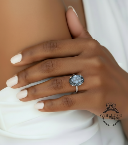 Anello di fidanzamento ovale nero Moissanite Anello stile celebrità Diamanti vintage Side Halo nascosto Anello nuziale Art Deco Anniversario Regalo per lei