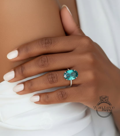 Teal Blue Green Moissanite & Diamond Oval side halo 3 sided Almost eternity shank band Engagement Ring 14k/18k Rose White Gold, Celebrity Elongated Oval Bridal wedding Ring, Anniversary Gift