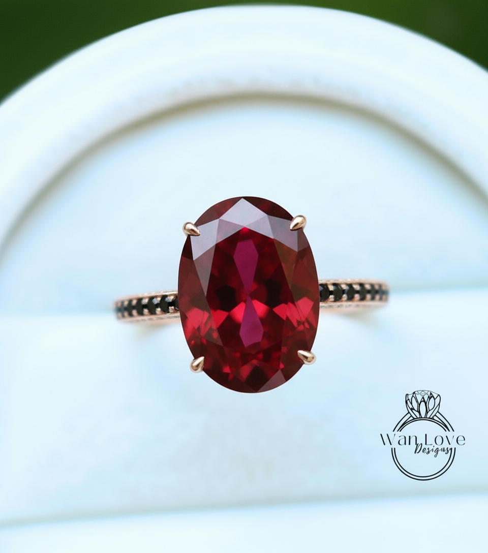 Celebrity style engagement ring 9ct Oval Ruby hidden halo ring 14k gold almost eternity band black diamond bridal ring Promise Anniversary