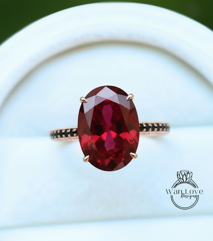 Celebrity style engagement ring 9ct Oval Ruby hidden halo ring 14k gold almost eternity band black diamond bridal ring Promise Anniversary
