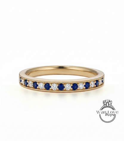 Blue Sapphire Diamond Milgrain Wedding Band - Vintage channel prong set Wedding ring - Bead set Antique Band - Birthstone Choice Bridal Ring