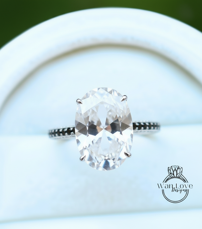 White Sapphire & Black Spinel Oval side halo Engagement Ring Celebrity style 9ct 15x10mm Wedding Bridal Ring Anniversary gift-Ready to Ship