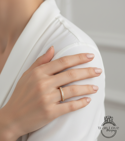 Fede nuziale Milgrain con diamanti smeraldo - Set di punte a canale vintage Fede nuziale - Fascia antica Half Eternity - Anello nuziale con scelta della pietra portafortuna