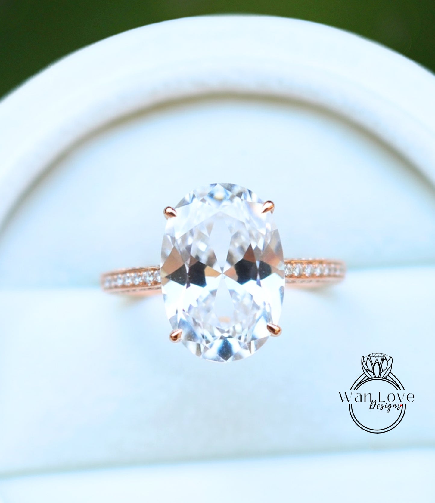 White Sapphire & Diamond Oval side halo 3 sided Almost eternity shank band Engagement Ring 14k/18k Rose White Gold, Celebrity Elongated Oval Bridal wedding Ring, Anniversary Gift