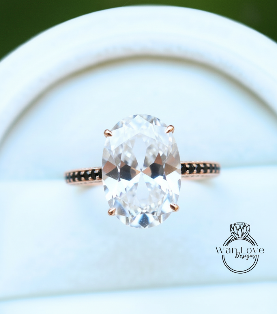 White Sapphire & Black Spinel Oval side halo Engagement Ring Celebrity style 9ct 15x10mm Wedding Bridal Ring Anniversary gift-Ready to Ship