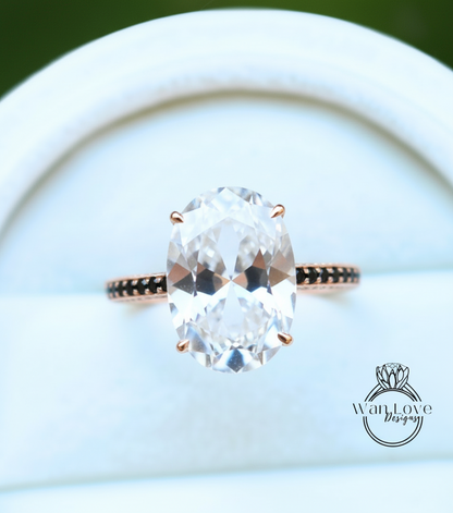 White Sapphire & Black Spinel Oval side halo Engagement Ring Celebrity style 9ct 15x10mm Wedding Bridal Ring Anniversary gift-Ready to Ship