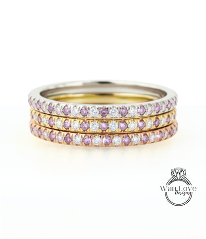 Thin Blue Sapphire Diamond Stacking Ring, Minimalist Ring, Sapphire Wedding Band 14k Gold,Half Eternity Wedding Band,Mothers Birthstone Ring