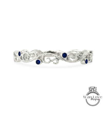 Vintage Blue Sapphire wedding band gold ring antique Unique Art deco Almost eternity band Bridal ring Delicate Stacking Promise swirl band