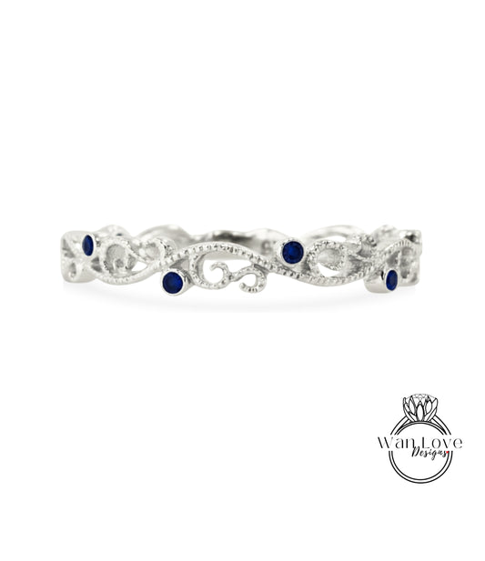 Vintage Blue Sapphire wedding band gold ring antique Unique Art deco Almost eternity band Bridal ring Delicate Stacking Promise swirl band