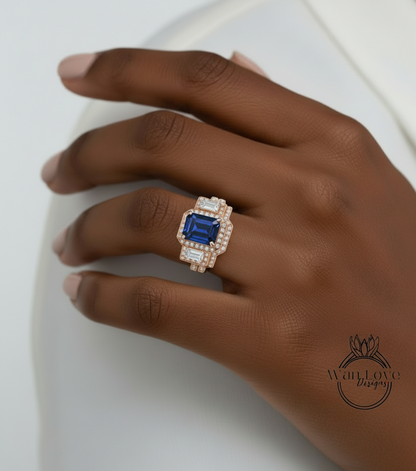 Alexandrite & Diamonds Baguette Emerald Halo Engagement Ring Contoured Wedding Band Set, 3ct 9x7mm, Custom, 14kt 18kt gold-Platinum-Custom