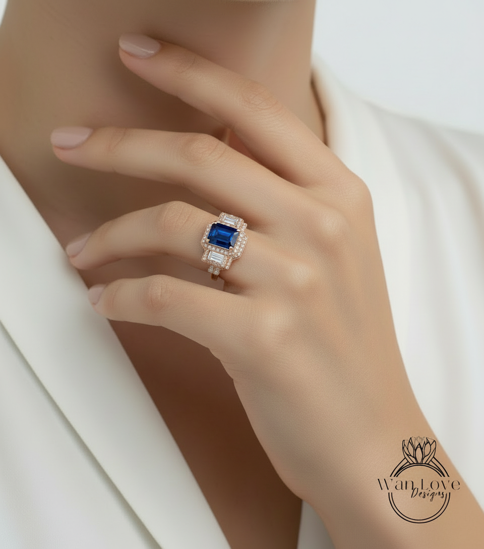 Blue Sapphire & Diamonds Baguette Emerald Halo Engagement Ring Contoured Wedding Band Set, 3ct 9x7mm, Custom, 14kt 18kt gold-Platinum-Custom