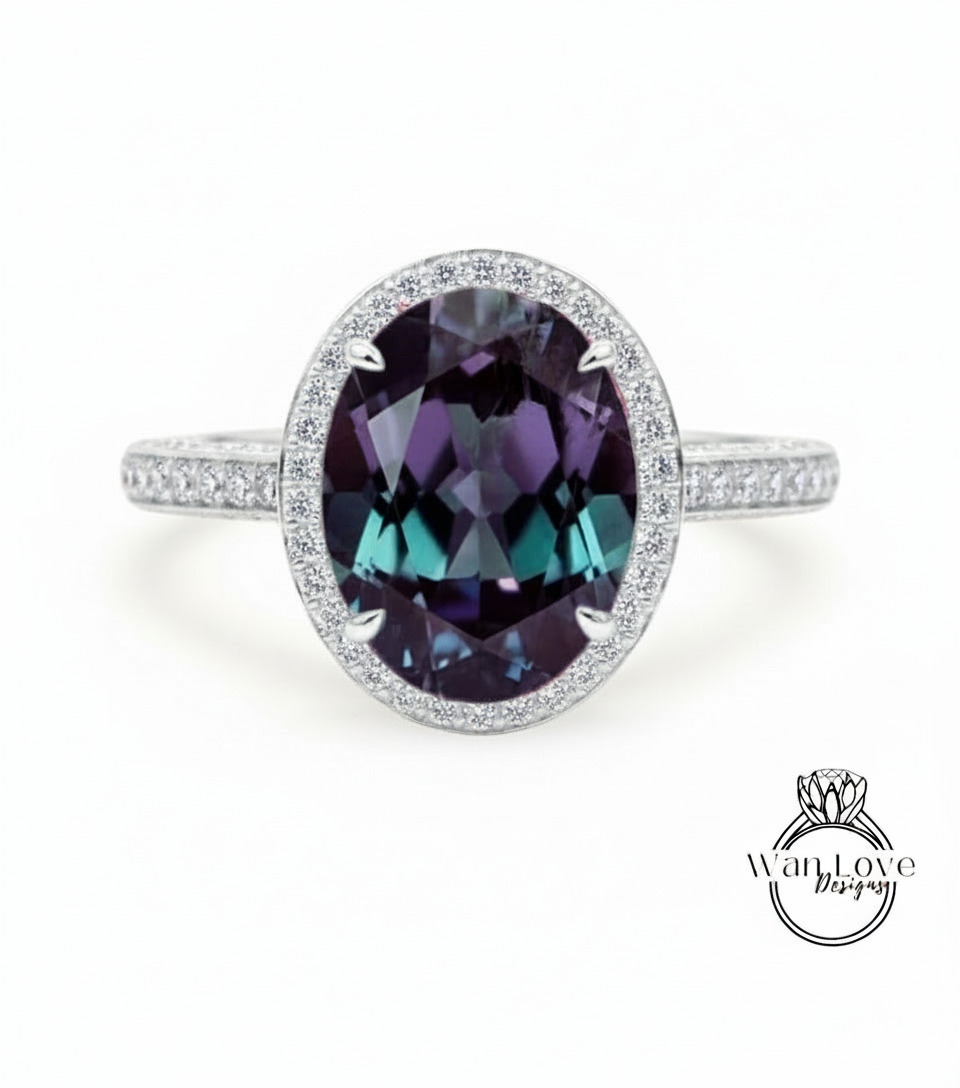 Alexandrite & Diamond Oval Halo 3 sided Engagement Ring, 14k 18k White Yellow Rose Gold, Platinum, Wedding, Anniversary Gift