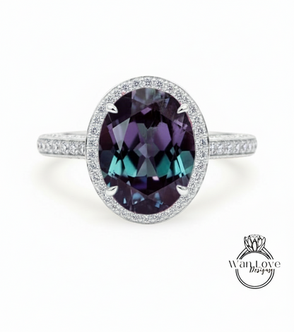 Alexandrite & Diamond Oval Halo 3 sided Engagement Ring, 14k 18k White Yellow Rose Gold, Platinum, Wedding, Anniversary Gift