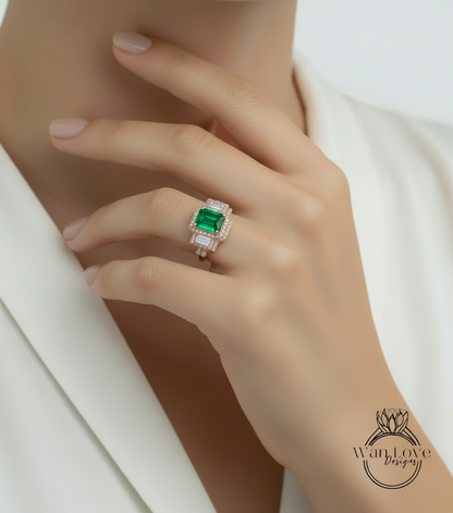 Emerald & Diamond Baguettes Emerald Halo Engagement Ring Contoured Wedding Band Set, 3ct 9x7mm, Custom, 14kt 18kt gold-Platinum-Custom
