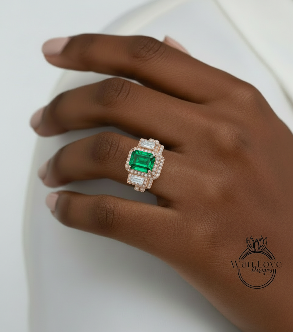 Emerald & Diamond Baguettes Emerald Halo Engagement Ring Contoured Wedding Band Set, 3ct 9x7mm, Custom, 14kt 18kt gold-Platinum-Custom