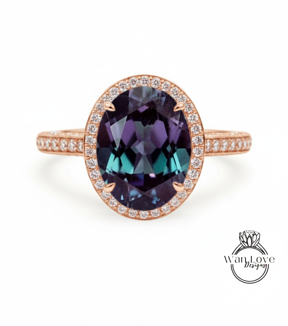 Alexandrite & Diamond Oval Halo 3 sided Engagement Ring, 14k 18k White Yellow Rose Gold, Platinum, Wedding, Anniversary Gift