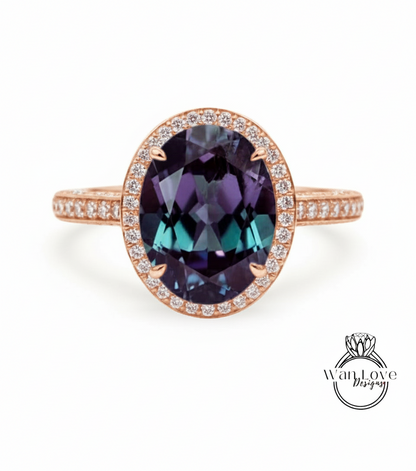 Alexandrite & Diamond Oval Halo 3 sided Engagement Ring, 14k 18k White Yellow Rose Gold, Platinum, Wedding, Anniversary Gift